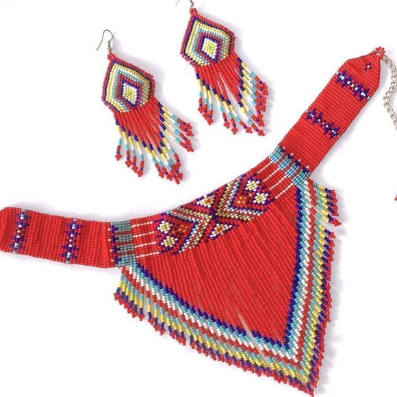 Native Beaded Fringe Choker + Earrings Set - Picture 1 of 5